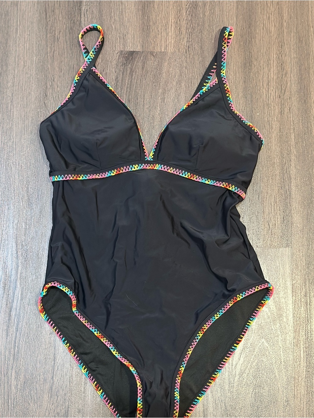 Rainbow Trim Cutout One Piece Swimsuit Black Neon Stitching Size Large NWT - Picture 4 of 11